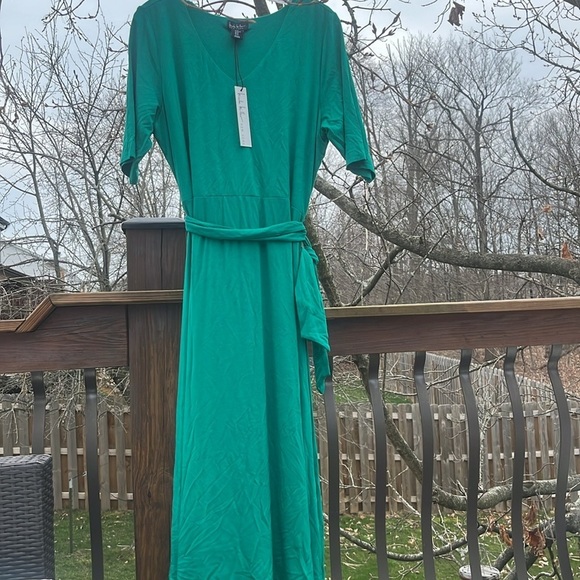 Nicole Miller v neck 3/4 sleeve belted maxi spring dress grass green size XL NWT - Picture 15 of 17
